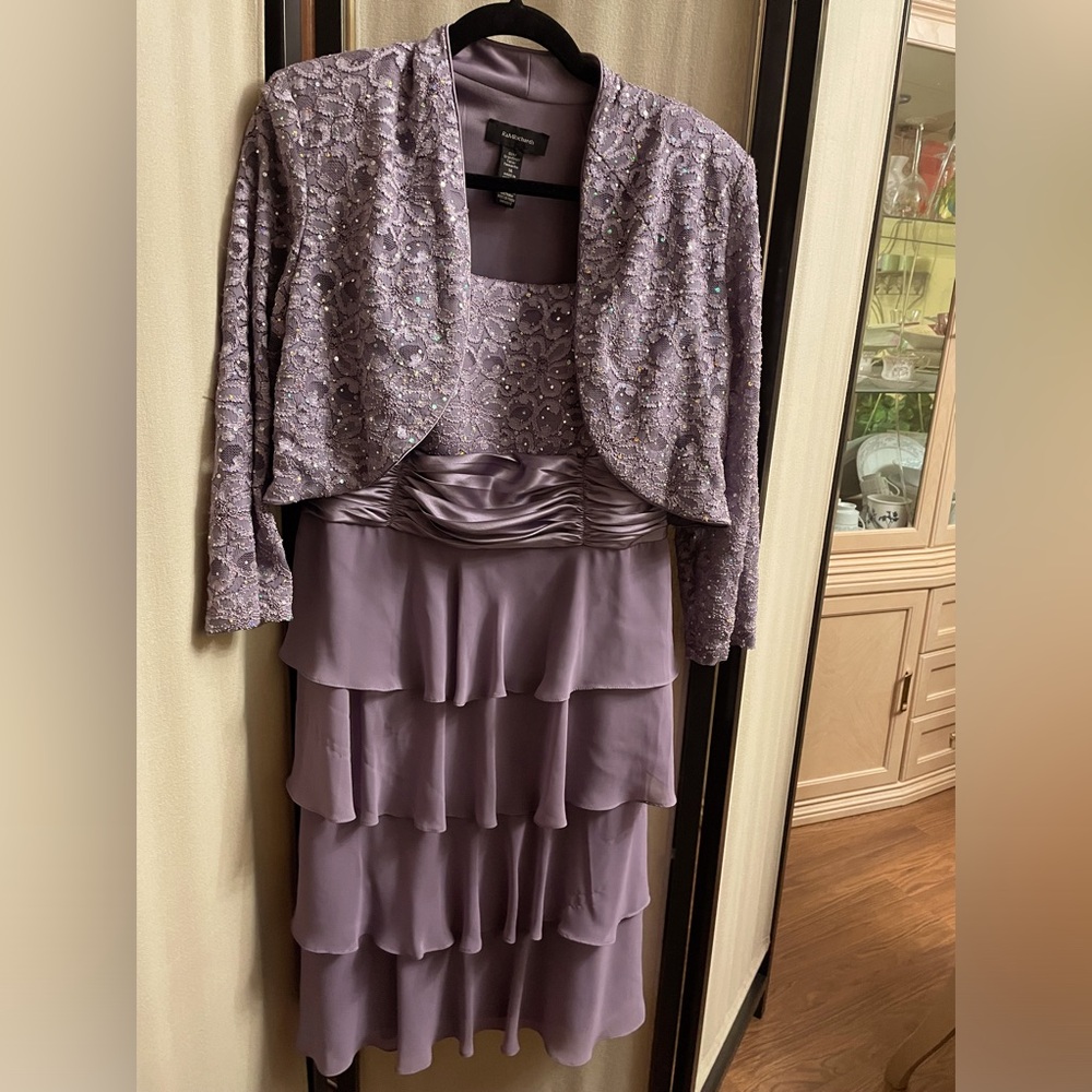 R & M Richard’s Size 14 Two Piece Lilac dress and short jacket with sequins.
